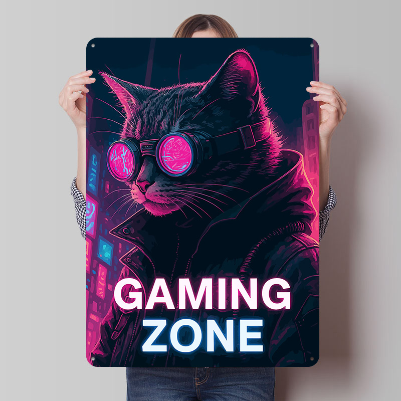 Retro Gaming Zone - Plaque en étain Cyberpunk Cat Gaming