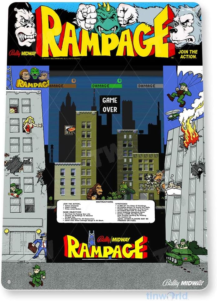 Retro Gaming Shops - Panneau en étain Rampage Arcade, panneau